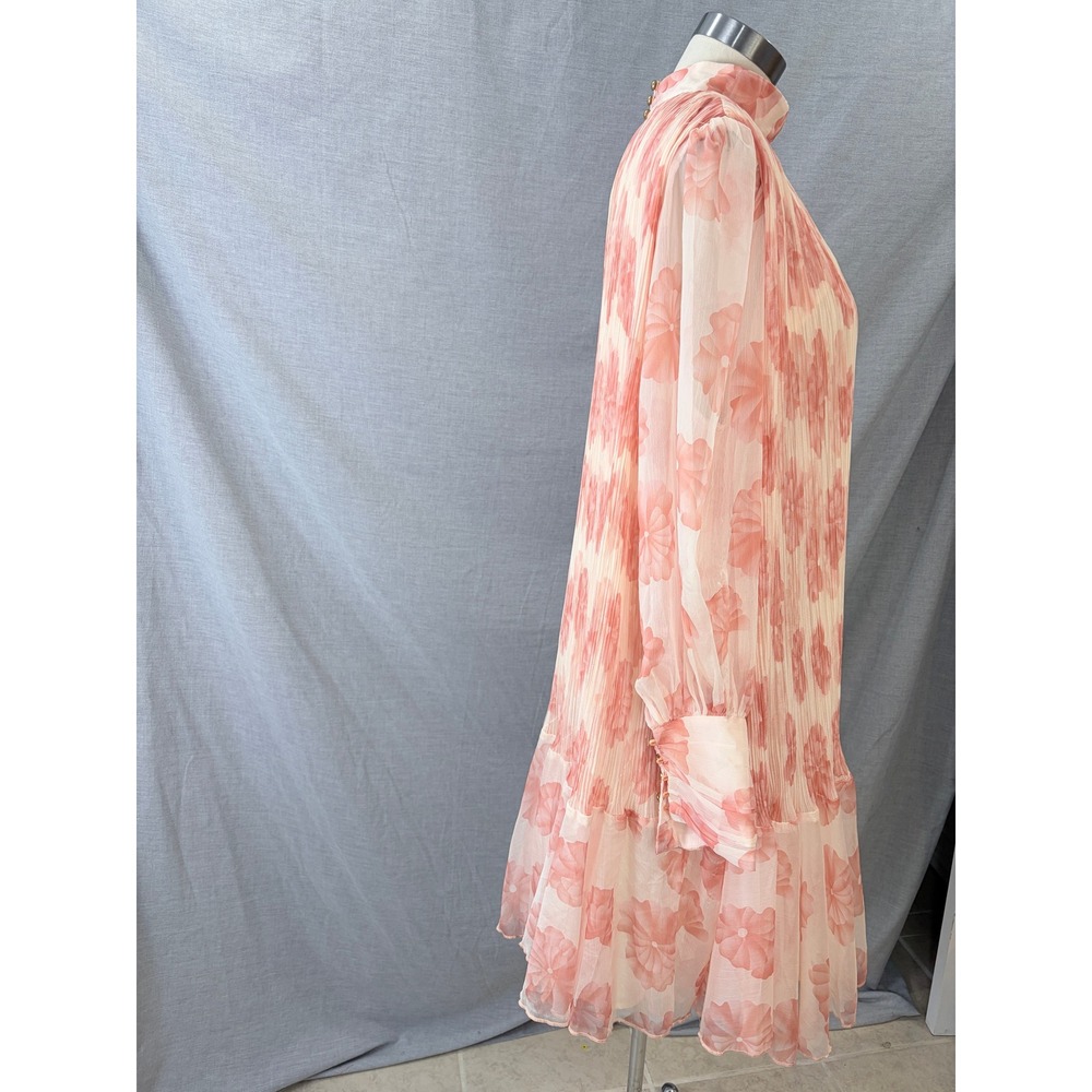 L'Atiste by Amy Pink Floral Pleated Mini Dress Mock Neck Long‎ Sleeve Womens 1X - Picture 11 of 13